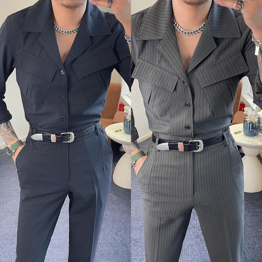 Herren Anzug Sets lässig Waffel Textur Cargo Pocket Shirt einfache solide Slim Fit Hose Bankett Party tragen lässige Herren Anzug Sets