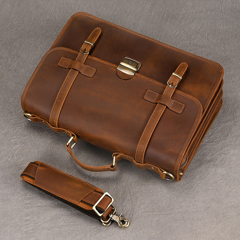 Vintage lederen zakenaktentas voor heren, topnerf koeienhuid, schouder- en crossbody, messengertas