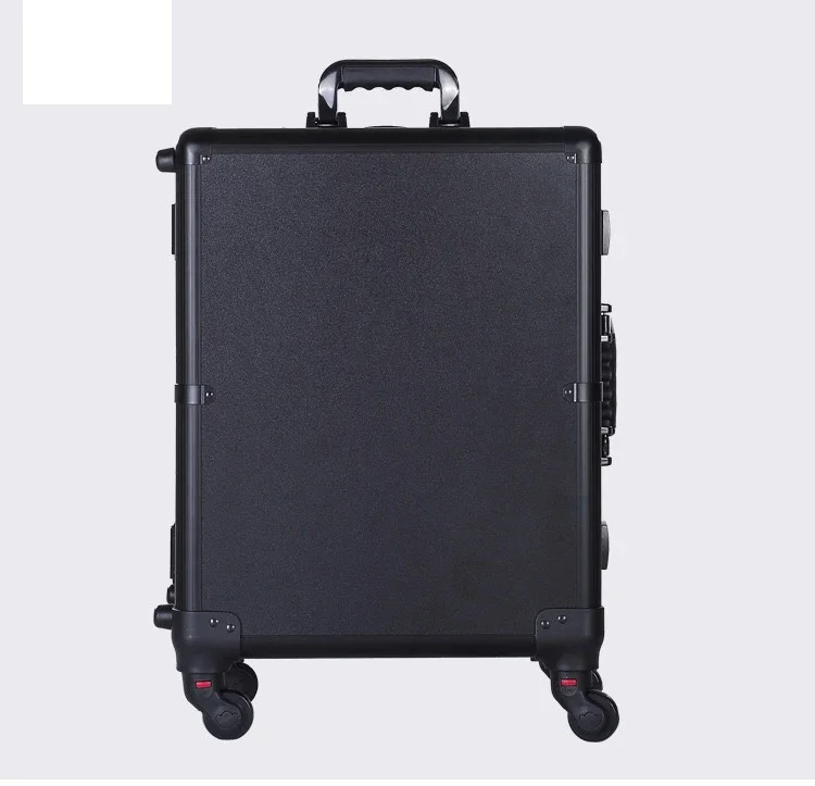 Professional Rolling เครื่องสําอางค์แต่งหน้าความงามรถเข็นกระเป๋าเดินทางไฟ LED กล่องกระจกสีชมพูกระเป๋าเดินทางกรอบอลูมิเนียมโต๊ะพับ