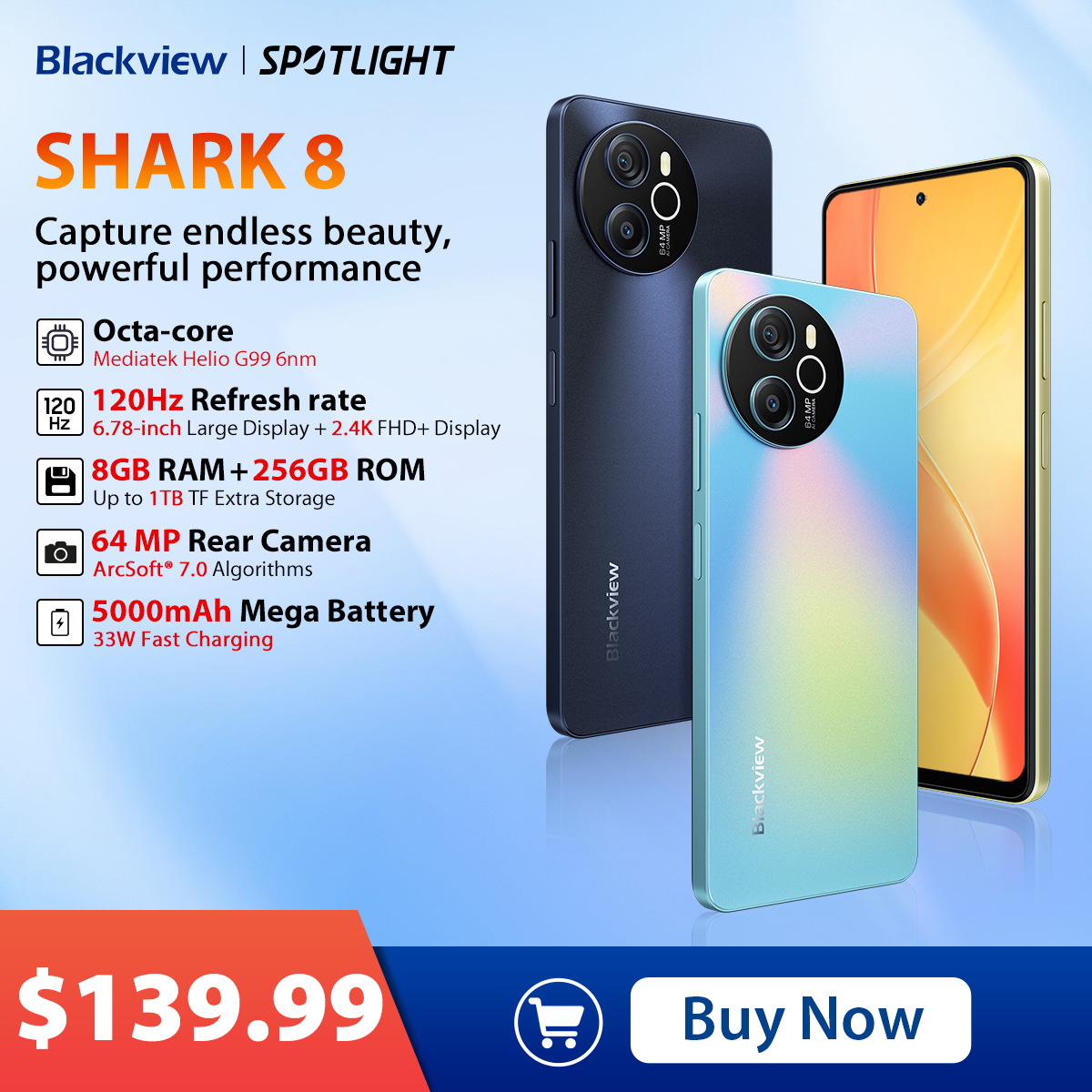 Blackview SHARK 8 Smartphone Android13 G99 teléfono móvil 6,78 ''120Hz 2,4 K pantalla 8GB + 8GB RAM, 128GB/256GB ROM 64MP teléfono móvil