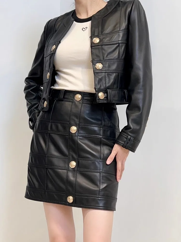 Slim Fit Hohe Taille Frauen Echtes Leder Jacke Oansatz Langarm Zweireiher Mode Designer Dame Schaffell Kurzen Mantel