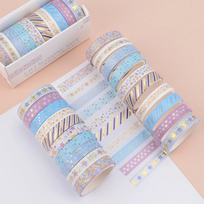 10 ม้วนดาว Washi เทปกาวตกแต่งเทปโรงเรียนวารสารอุปกรณ์ทองฟอยล์ Scrapbooking Kawaii เครื่องเขียน Masking เทป