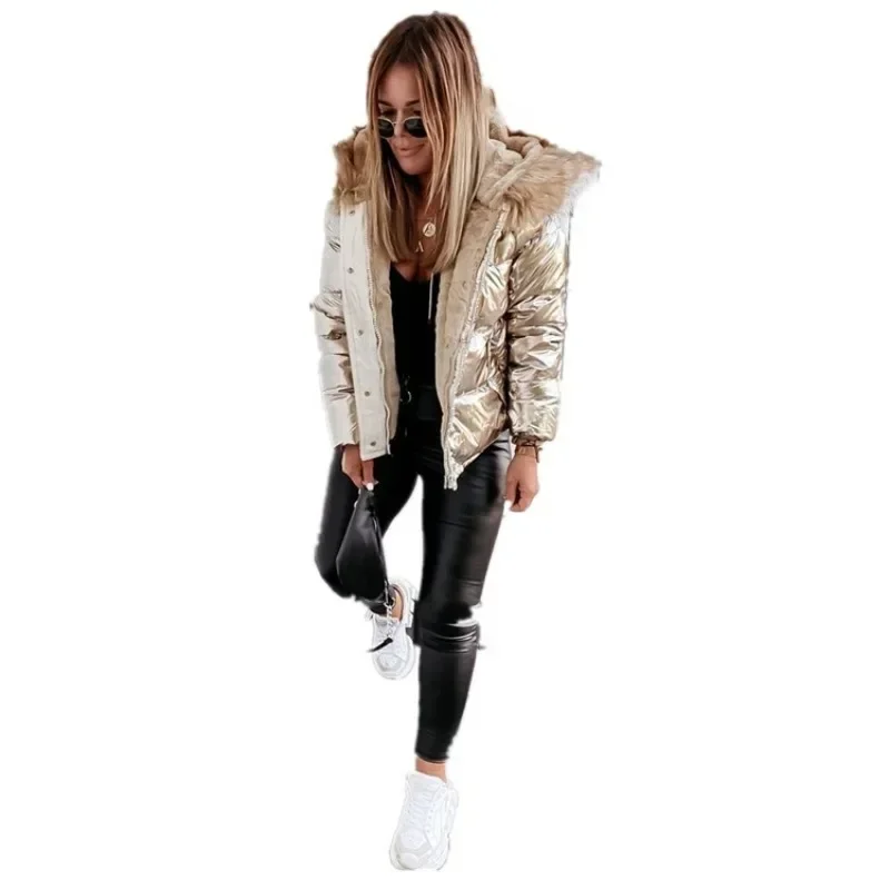 Parkas para mujer, Chaqueta corta de algodón holgada con capucha de invierno, Chaqueta de algodón cálida con cremallera a la moda de Color sólido para mujer