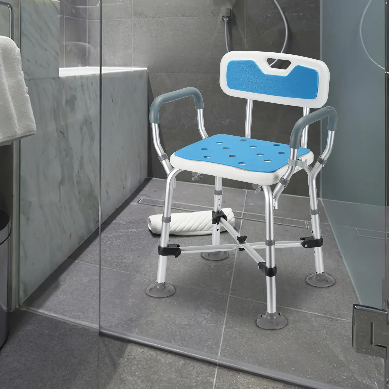 Shower Stool Height Adjustable Showerstuhl, Anti-Slip Shower Aid,Bath Stool with Armrest,Bath Stool Mit Cross Support,Badsitz for Se