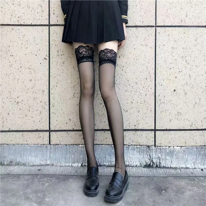 Calcetines largos por encima de la rodilla con borde rojo para mujer, medias altas hasta el muslo transparentes de encaje gótico, medias sólidas de seda fina Punk JK