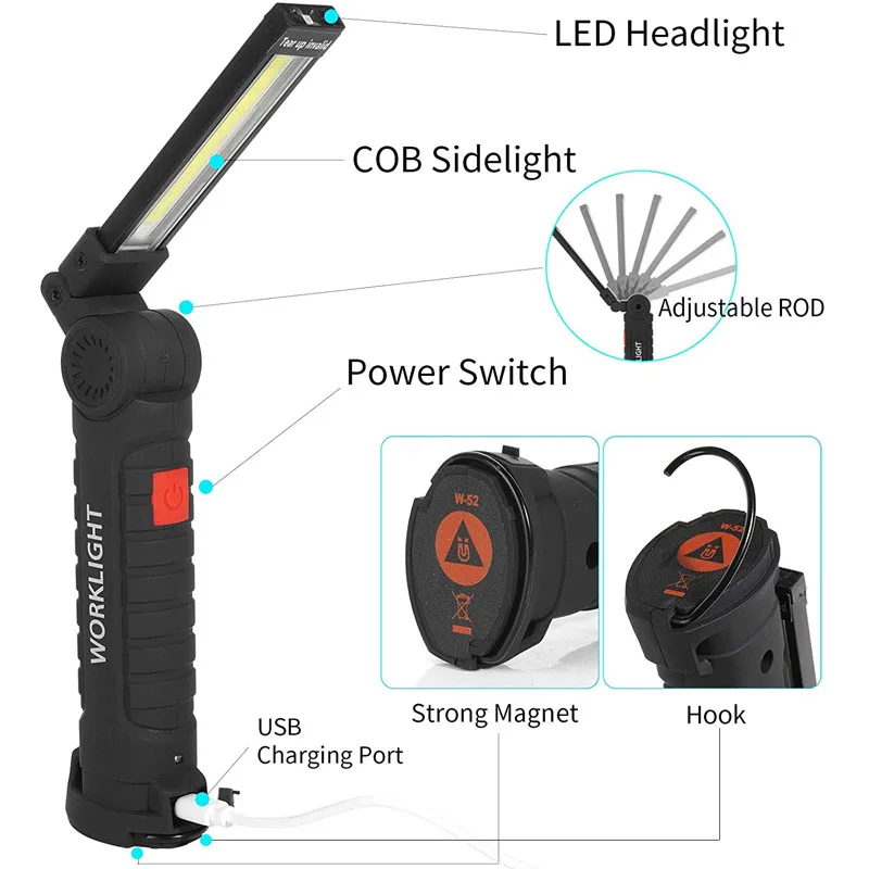 Linterna LED COB portátil, luz de trabajo recargable por USB, linterna magnética plegable, lámpara colgante, lámpara de reparación de automóviles, antorcha de Camping