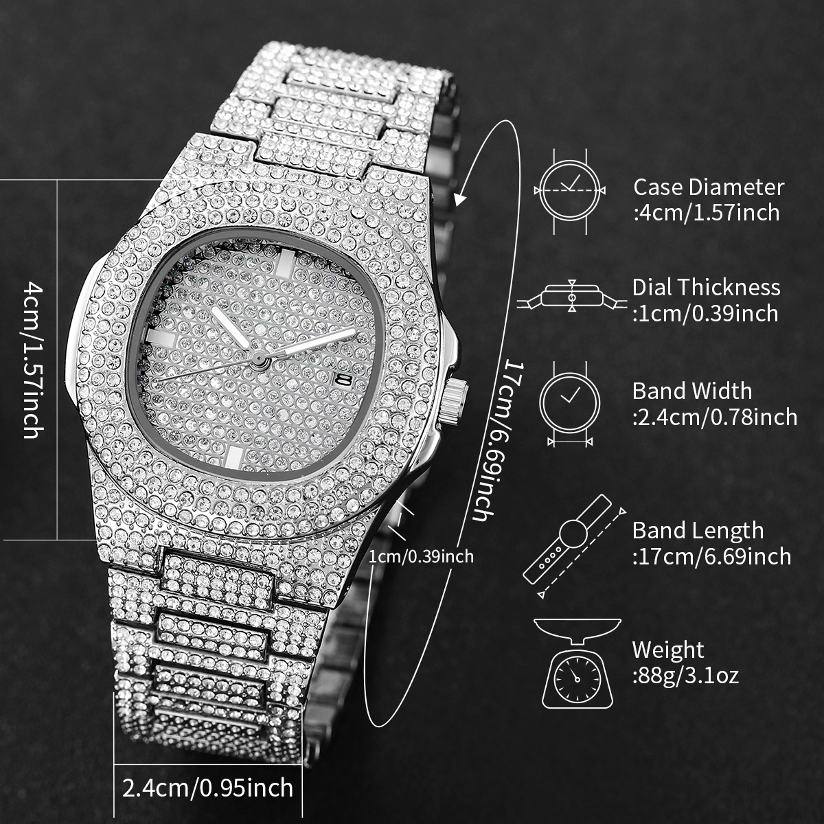 Montre-bracelet à quartz en acier inoxydable pour homme avec calendrier, montres de sport pour homme, diamant complet, luxe