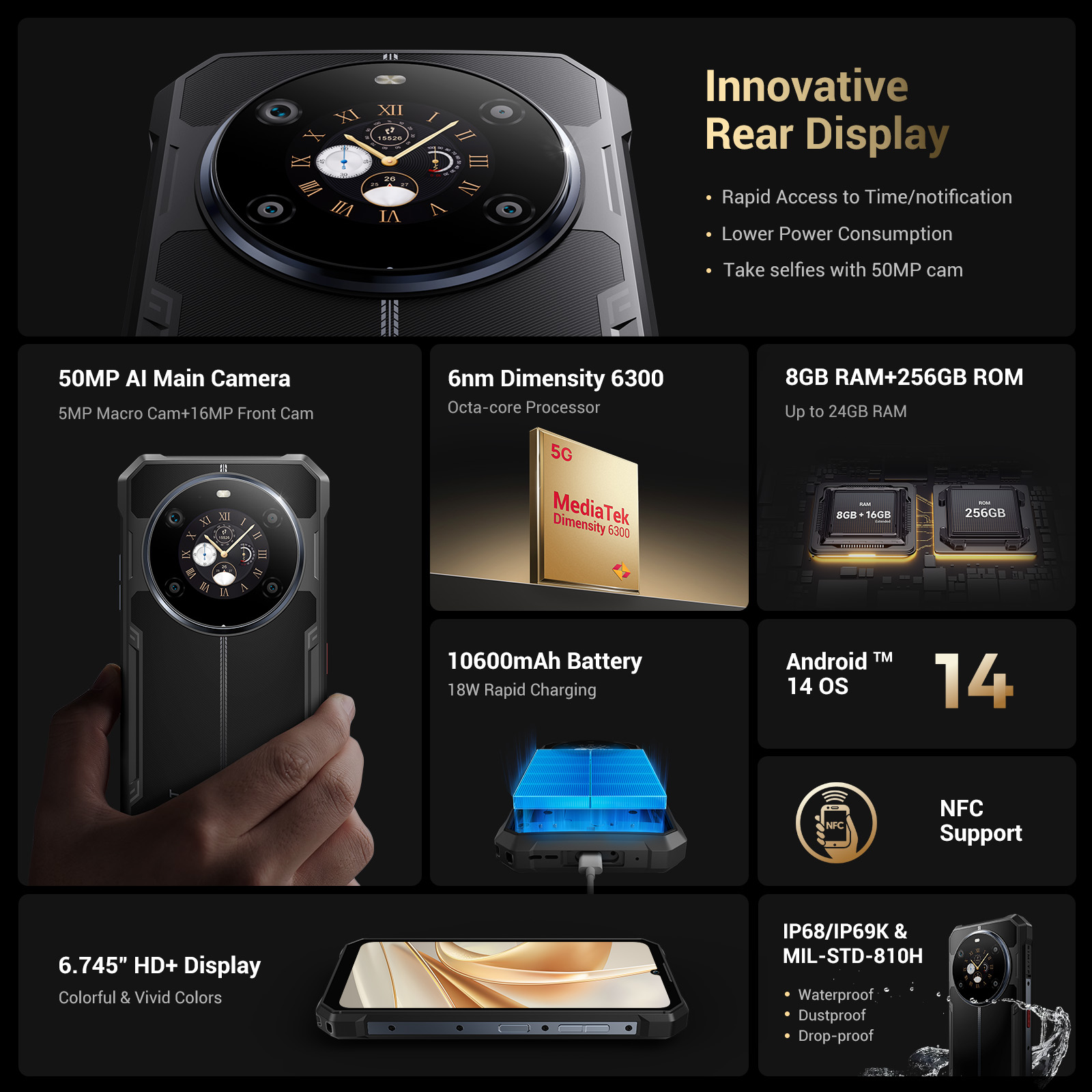 Telefone robusto Fossibot F109 5G 6,745" Android 14 8GB + 256GB Celular 10600mAh 64MP NFC Smartphone