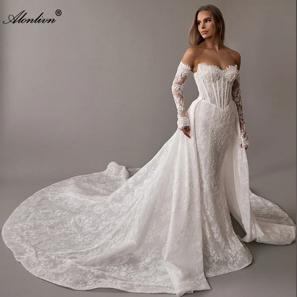 Alonlivn Personalizza su misura bellezza pizzo aderente in rilievo 2 in 1 abiti da sposa a sirena tromba treno rimovibile abiti da sposa