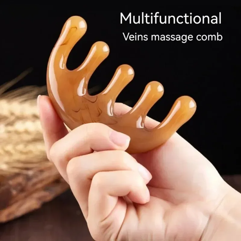 1 PC สีเหลือง/สีเขียว 5 ฟัน Meridian หวีนวด,เรซิ่นขนาดใหญ่-ฟันหัวนวดเครื่องมือ, 5-Paw ครึ่งรอบรูปร่างหวี