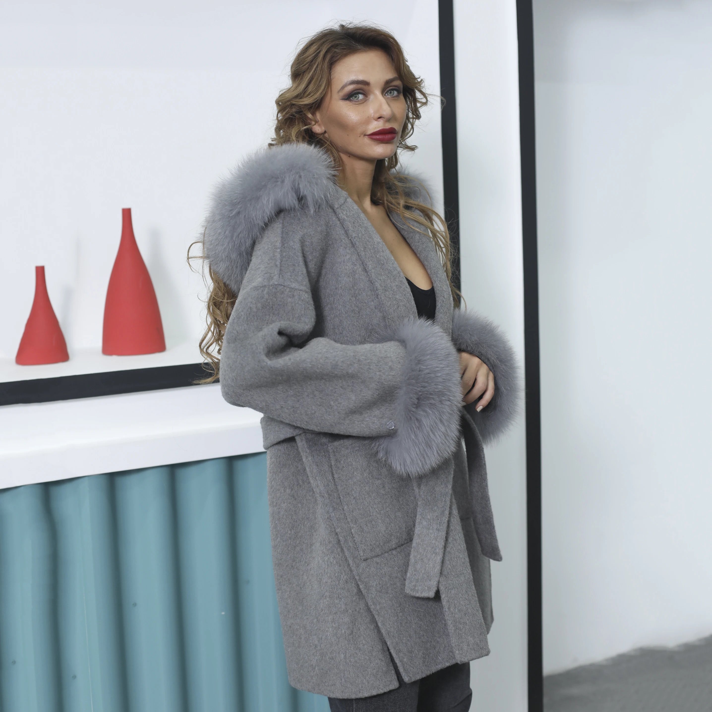 MISSJANEFUR-abrigo de lana con cuello de piel de zorro Real para mujer, abrigo de Cachemira con cinturón, abrigo cálido con capucha para invierno, 2023