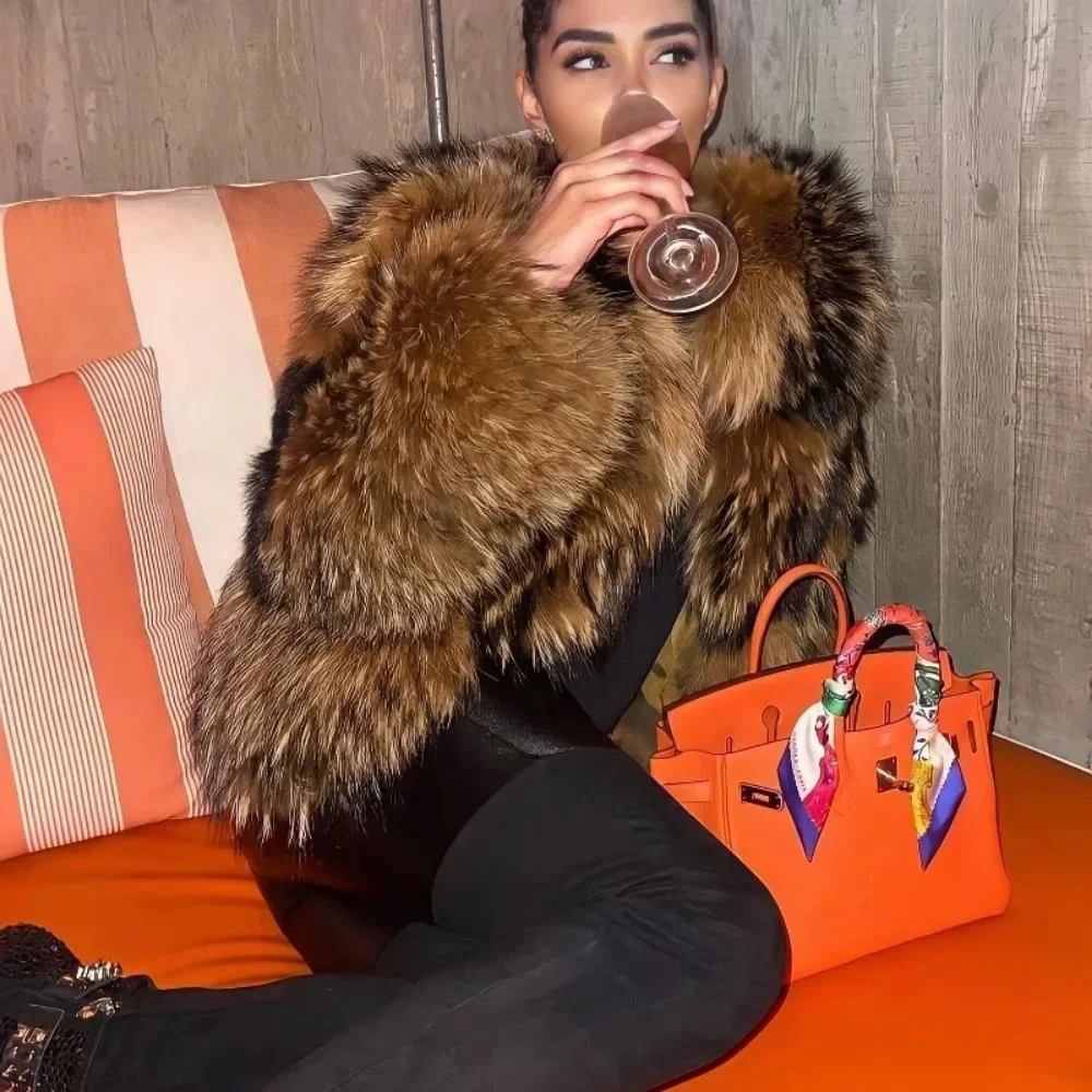 Winterjas Dames Natuurlijke echte jas Vossenbont Wasbeer Bovenkleding O-hals Dikke warme luxe vrouwelijke plus size streetwear