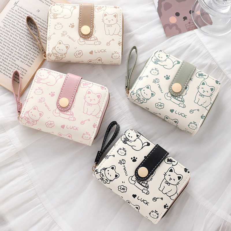 Cute Cat Wallets for Women Card Holder Small Purses with Zip Coin Pocket High Quality Square Hand Bags