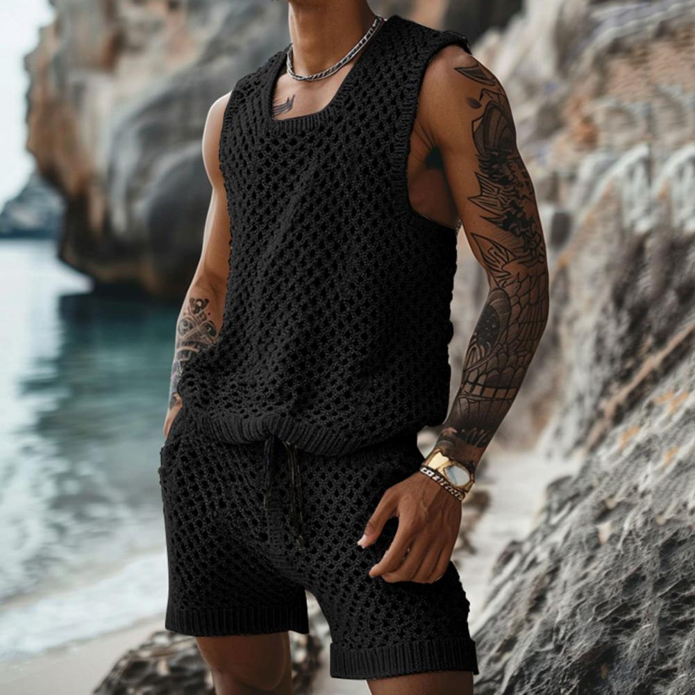 Vest Shorts Set Men's Casual Sleeveless Knit Top Drawstring Shorts Set for Daily Wear Elastic Waist Wide Leg Shorts for Men's