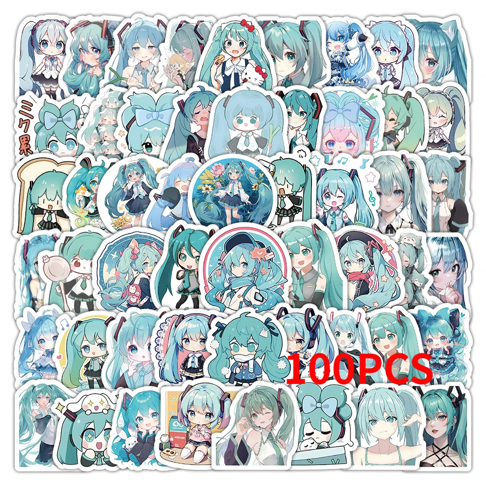 100 pçs hatsune bonito miku adesivos pacote à prova dwaterproof água caso de telefone dos desenhos animados diário papelaria kawaii embalagem portátil adesivo