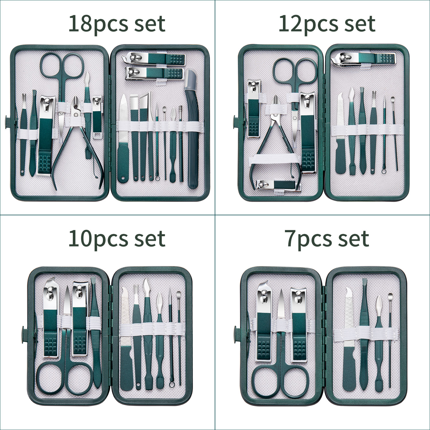Ensemble de manucure en acier inoxydable, coupe-ongles, ciseaux à sourcils, pincettes, cuillère d'oreille, voiture faciale, 7/10/12/18 pièces