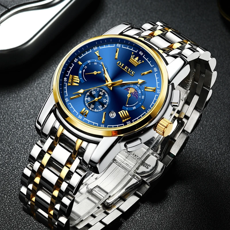 Marca OLEVS, certificación Original, relojes para hombre, fase lunar, reloj de cuarzo resistente al agua para hombre, cronógrafo, calendario, reloj de moda