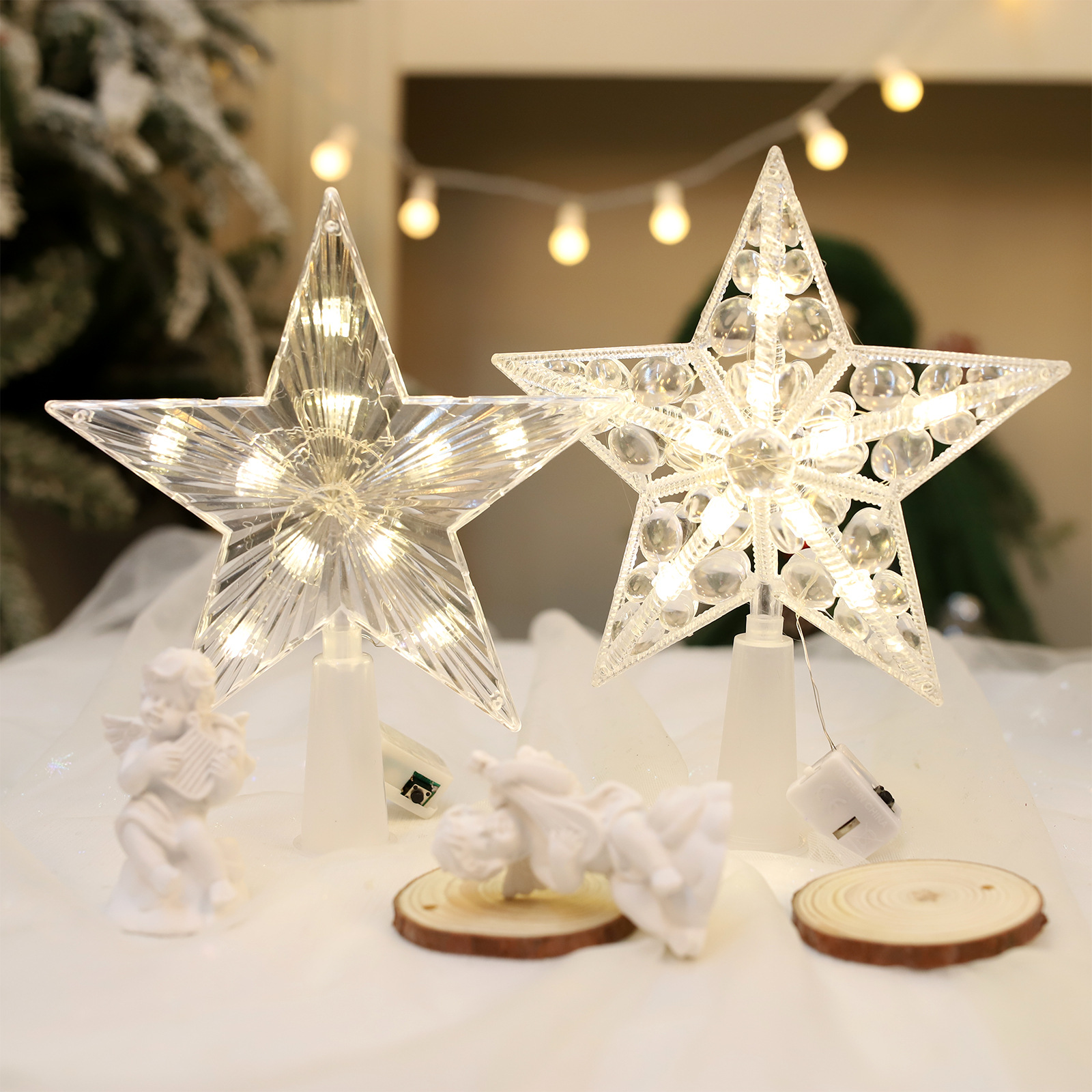 1Pcs LED Christmas Tree Ornaments Toppers Stars Light With Battery For Home Decorations Xmas Trees Lamp New Year 2026 Navidad