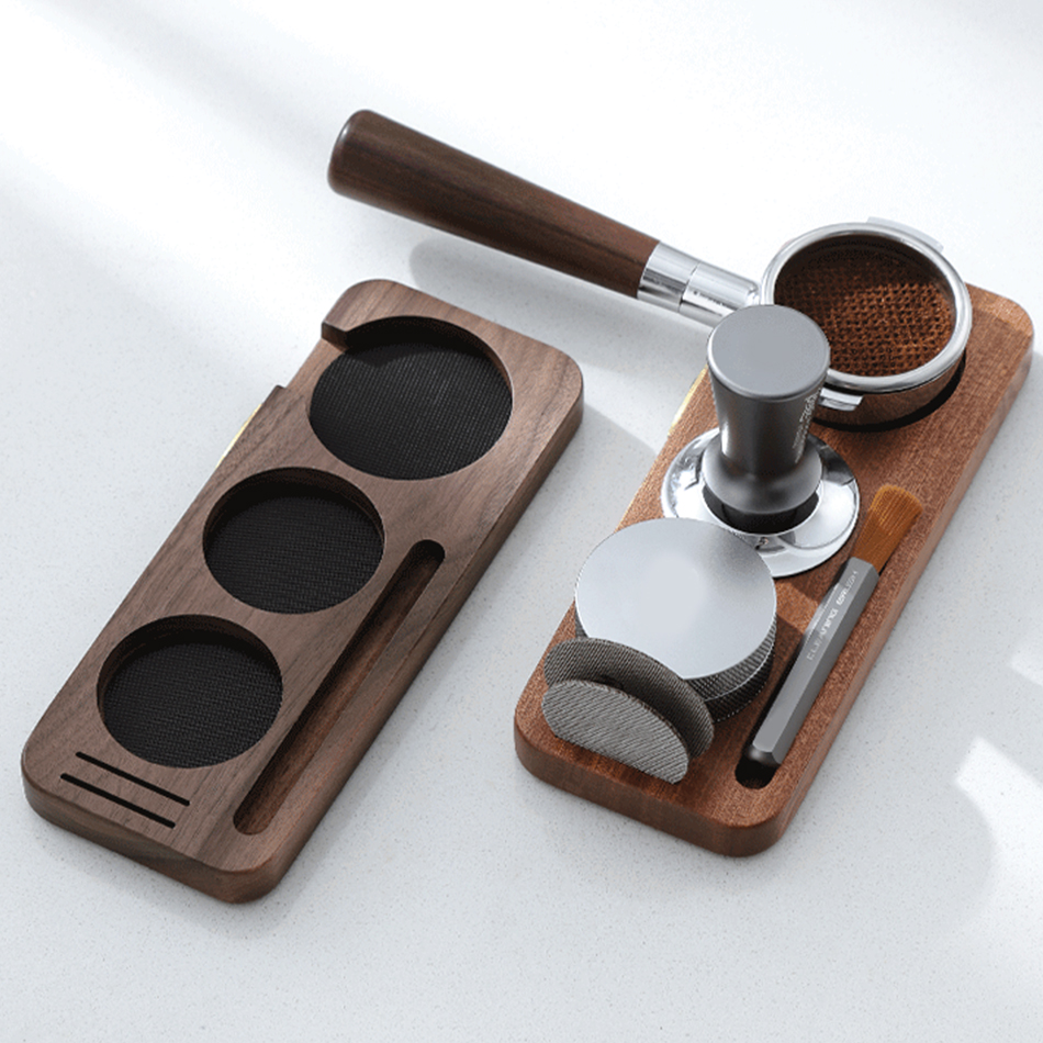 Estera de manipulación de café, soporte de estación, soporte para portafiltro, Base de soporte, estante de madera de nogal para accesorios de Espresso de 51MM, 54MM y 58MM, Barista