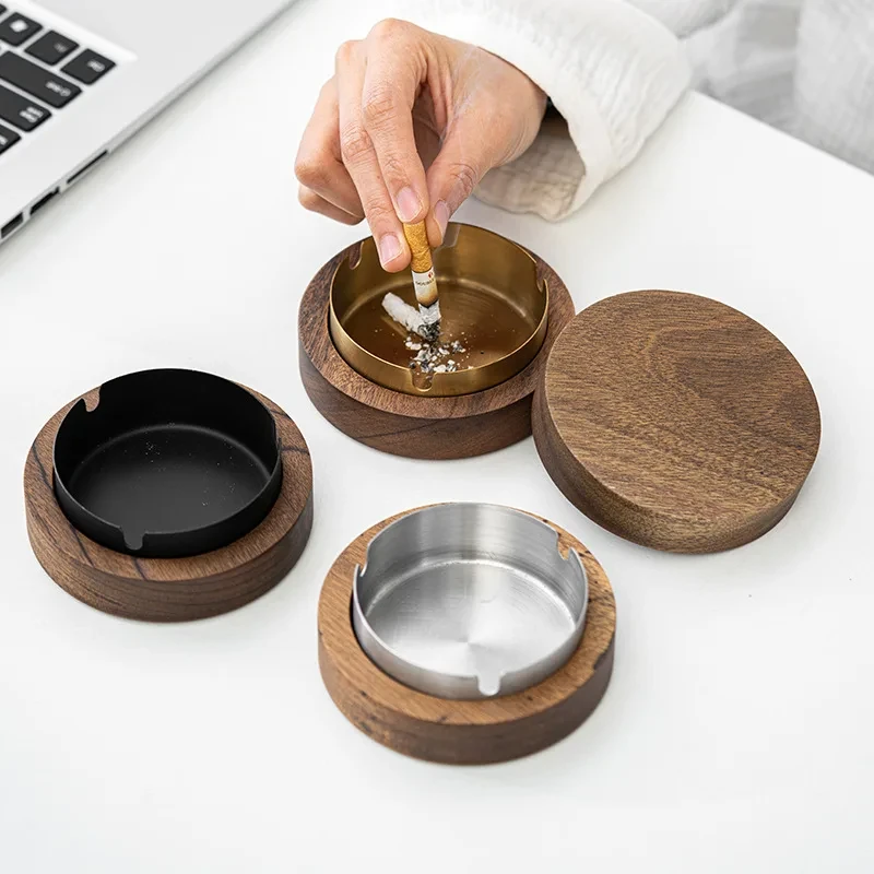 Nuevo Cenicero de madera con tapa para ahumadores, revestimiento de acero inoxidable, Cenicero a prueba de viento, duradero, fácil de limpiar, soporte para puros para Patio, oficina y hogar