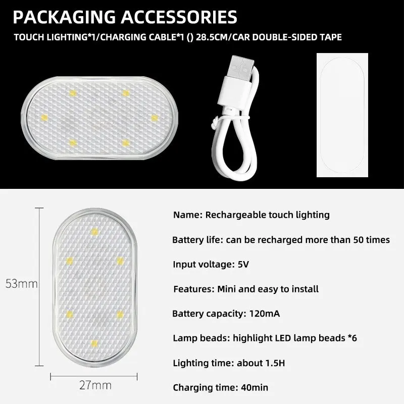 Carro Interior Dome Light com Dedo Touch Sensor, Mini LED lâmpada de leitura, telhado ímãs, carregamento USB, atmosfera lâmpada
