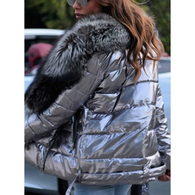 Winterjas Dames Helder oppervlak Grote kraag Korte donskatoenen jas Punkstijl Slank