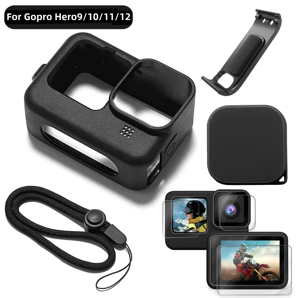 Silikonhülle für GoPro Hero 12 11 10, Schwarz, gehärtetes Glas, Displayschutzfolie, Schutzfolie, Objektivdeckel, Abdeckung für GoPro 9 Zubehör