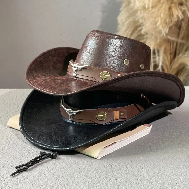 Sombreros de vaquero del oeste de piel sintética para mujeres y hombres, sombreros de vestir Vintage para caballero, gorra de Jazz de vaquera Panamá, Sombrero para Hombre