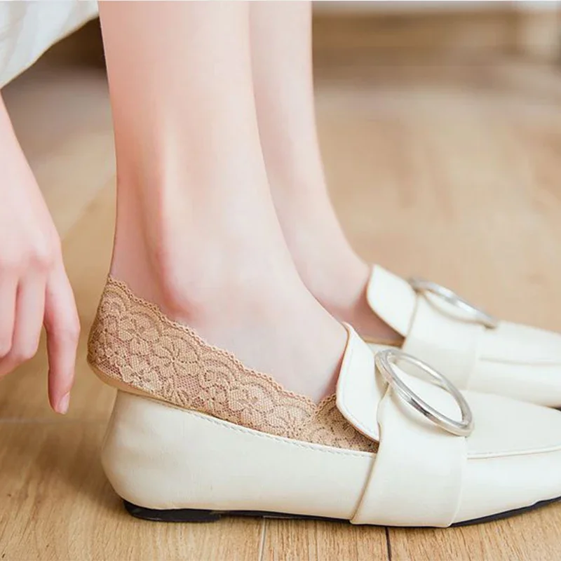 5 pares de calcetines invisibles de encaje para mujer, calcetines cortos invisibles hasta el tobillo, calcetines de barco de corte bajo blancos transparentes de algodón de verano