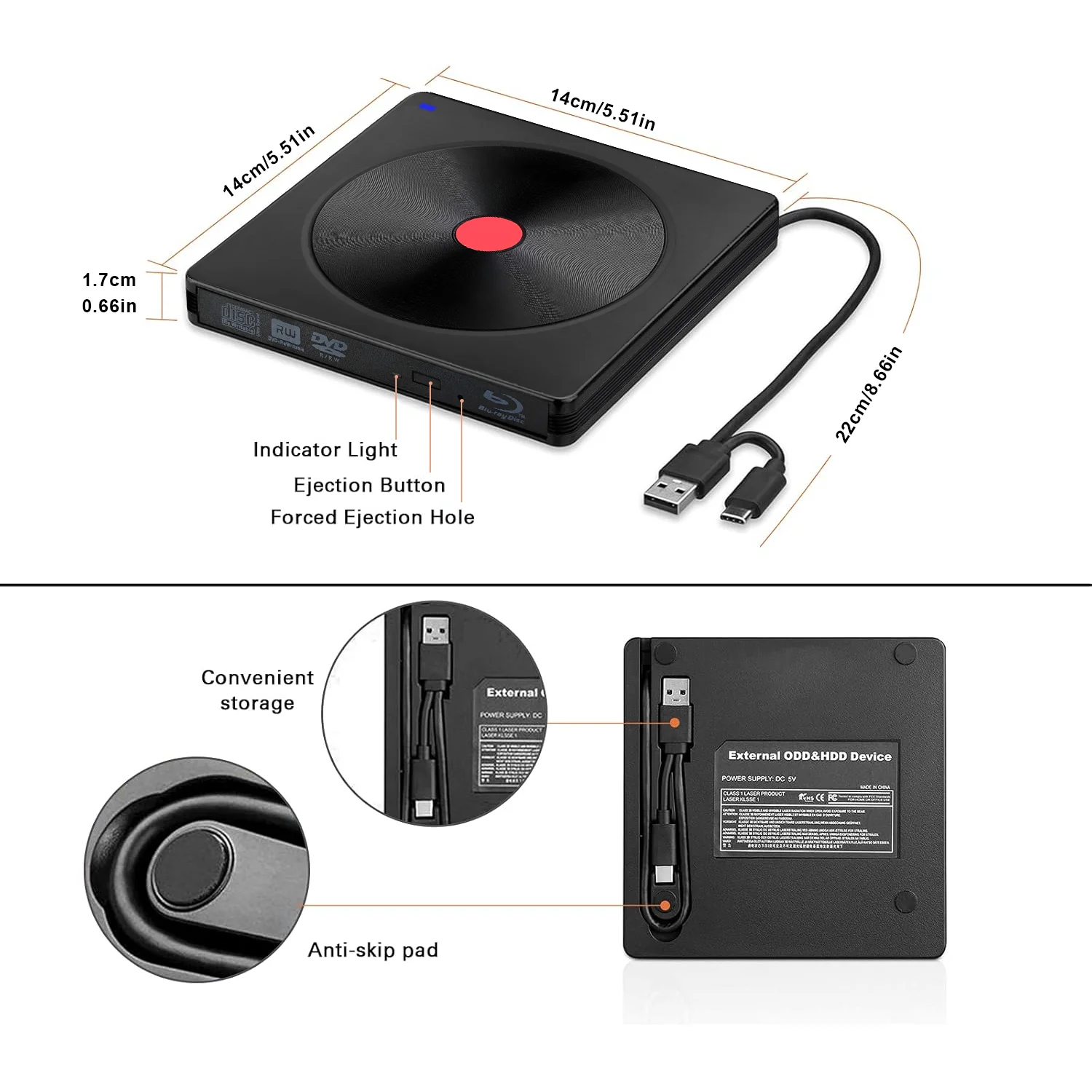 Externes Blu-ray-Laufwerk, USB 3.0- und Typ-C-BD-Lesegerät, DVD/CD-Brenner – tragbarer Blu-ray-Player für Laptop-PC, Windows/Linux/Mac OS