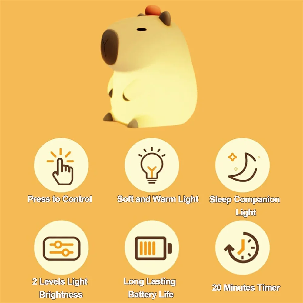 Luces nocturnas de capibara de silicona, lámpara portátil recargable por USB con Control táctil de animales con función de sincronización para decoración del hogar y dormitorio