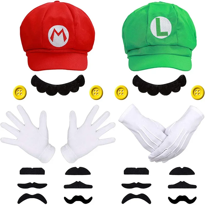 Super Bros Luigi Adulto Sombrero Gorra Disfraz Cosplay Halloween Béisbol Anime Unisex Juego de rol Sombrero (Rojo y Verde) 2 Piezas