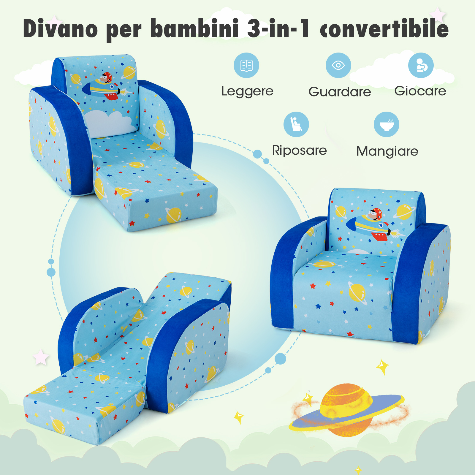 Sedia Divano Convertibile 3 in 1 per Bambini, Letto Divano Apribile per Bambini con Seduta Imbottita in Schiuma e Copertura Protettiva Rimovibile, per Bambini da 0-5 Anni