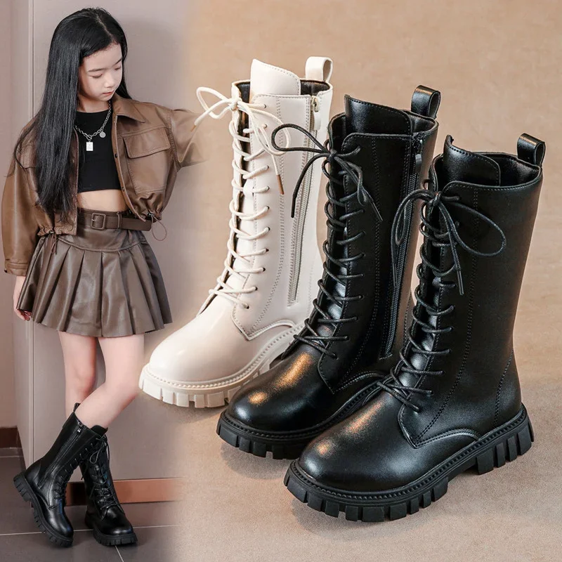 Outono/inverno zip moda legal bebê meninas quente salto quadrado dedo do pé redondo casual rendas confortáveis crianças preto meados de botas