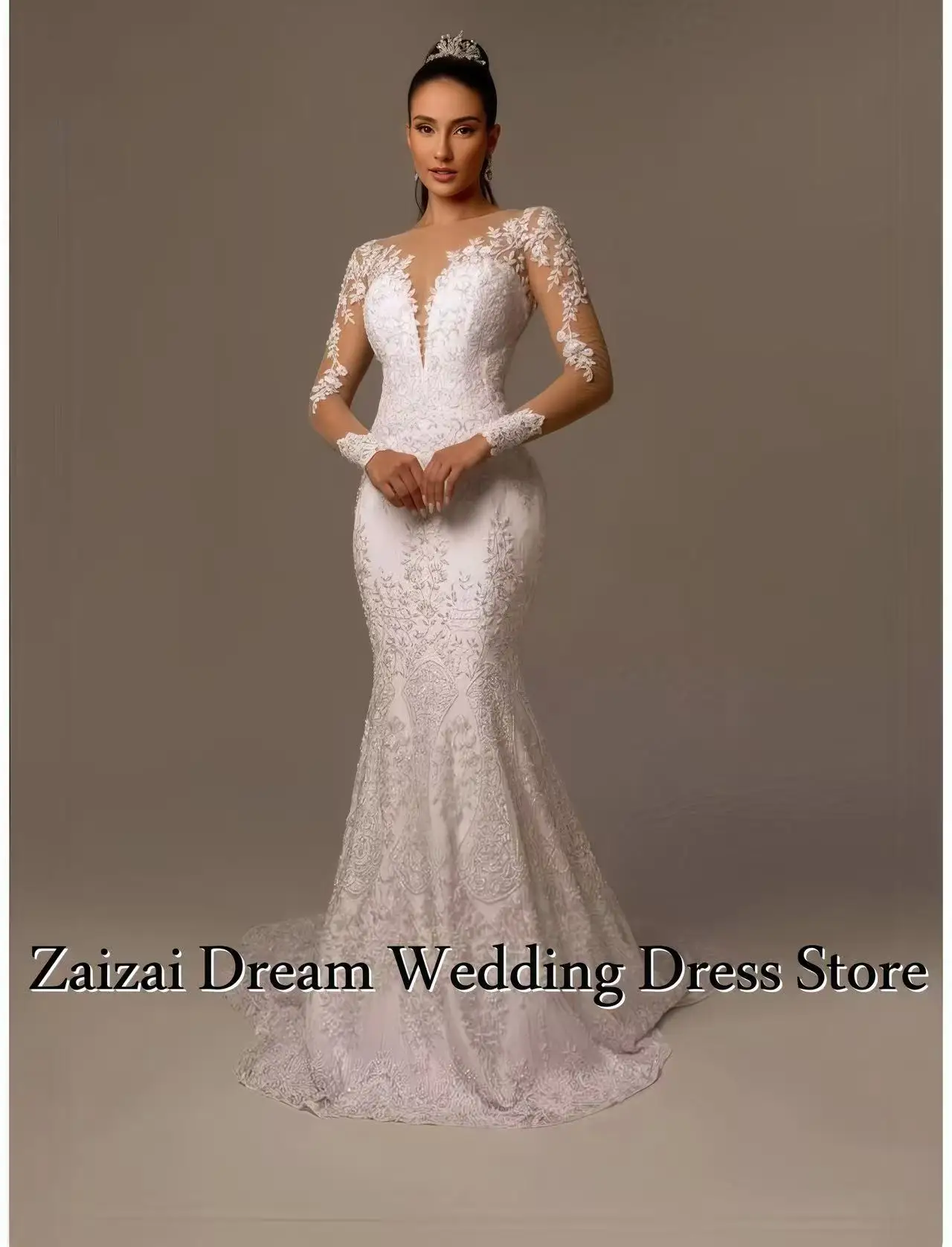 Personalizado elegante o-pescoço botões até voltar manga longa miçangas apliques sereia vestido de casamento