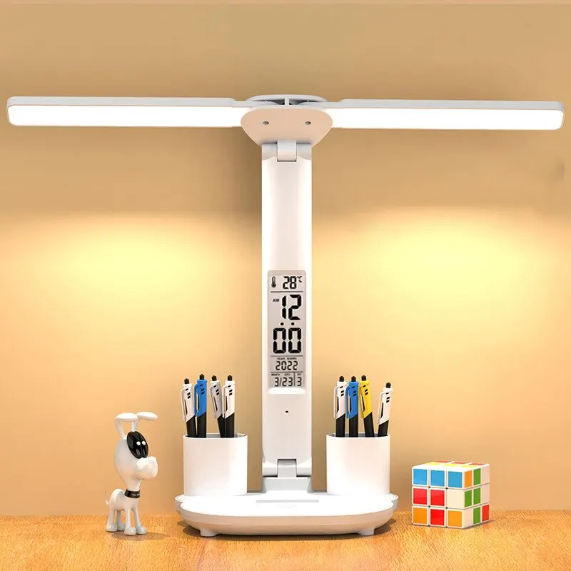 Lámpara de mesa con reloj LED, lámpara de escritorio regulable recargable por USB, 2 cabezales, rotación de 180, protección ocular plegable, luz nocturna de lectura