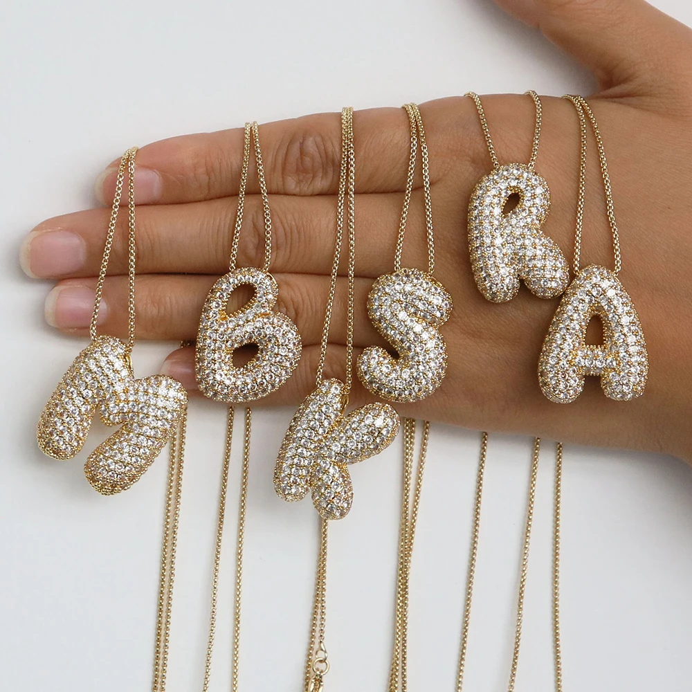 Collar con inicial de letra de circón CZ brillante para mujer, cadena de caja chapada en oro, colgante de A-Z de burbuja de globo, collares, regalo de joyería