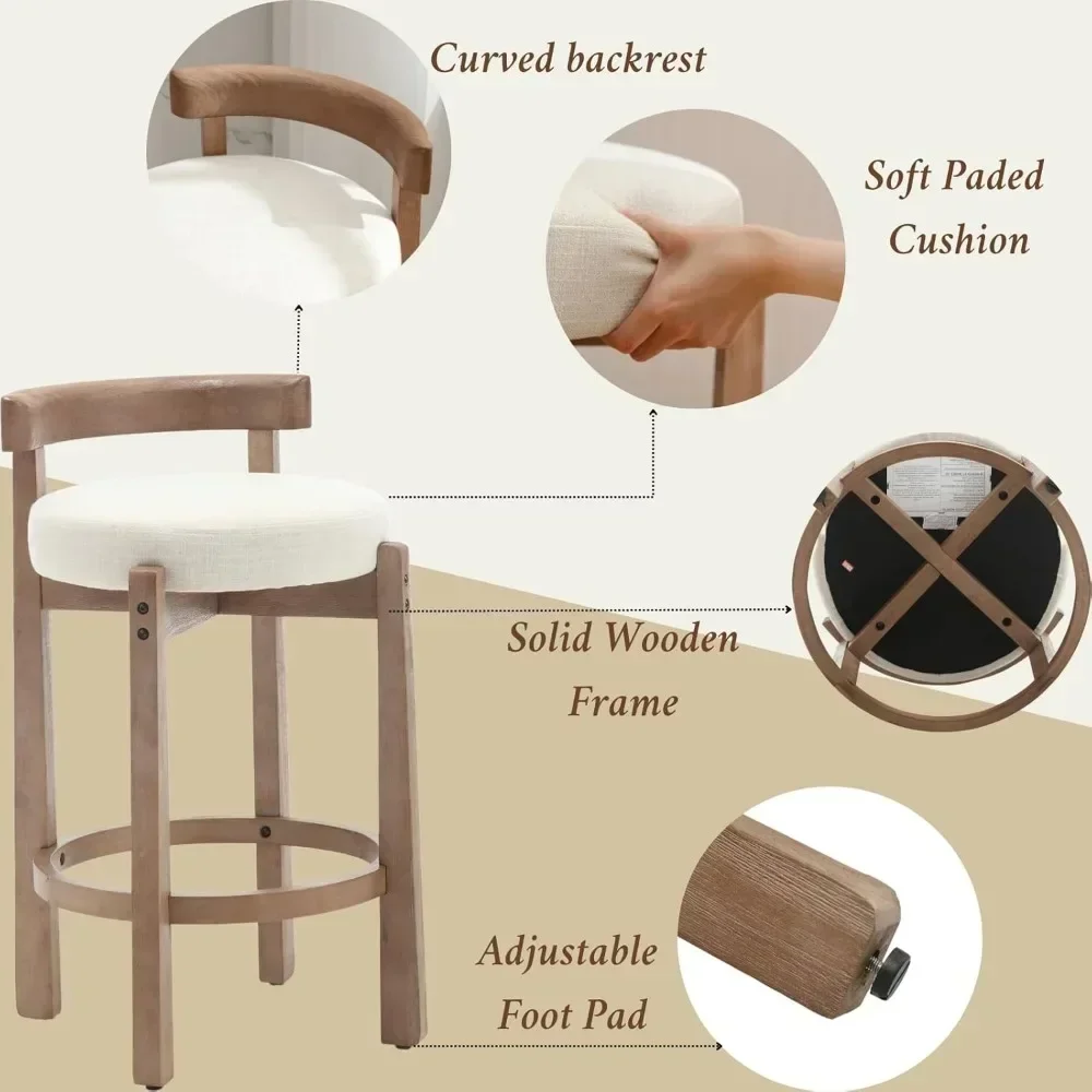 Century Bar Stools Set of 2, 26.5 Inch Linen Counter Height Upholstered Barstools Bar Chairs with Solid Wooden Legs