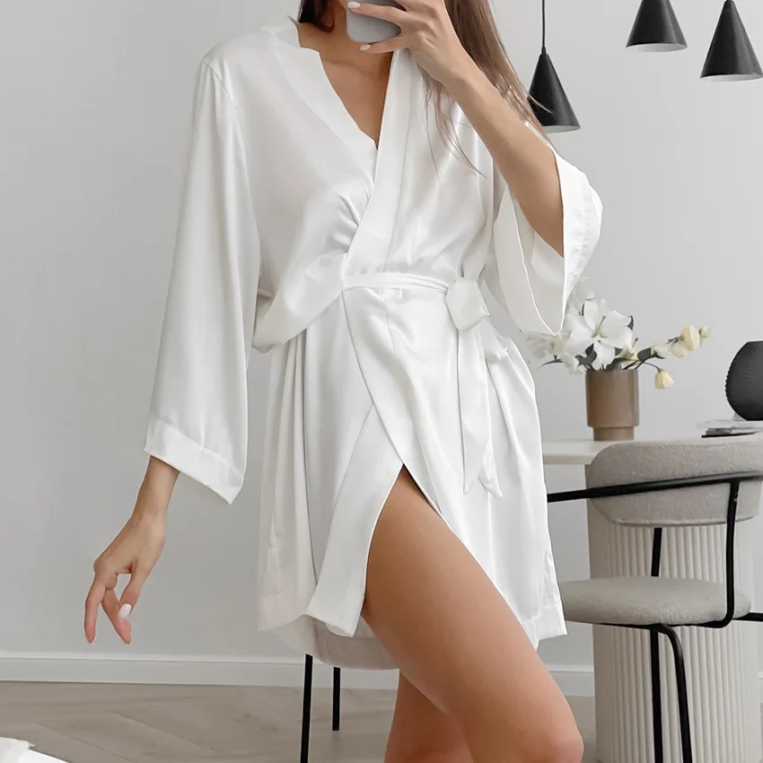 Kobiety ślubna biała suknia panny młodej suknia wieczorowa 3/4 rękaw bielizna nocna luźna koszula nocna kobieca jedwabna satyna Kimono szlafrok bielizna