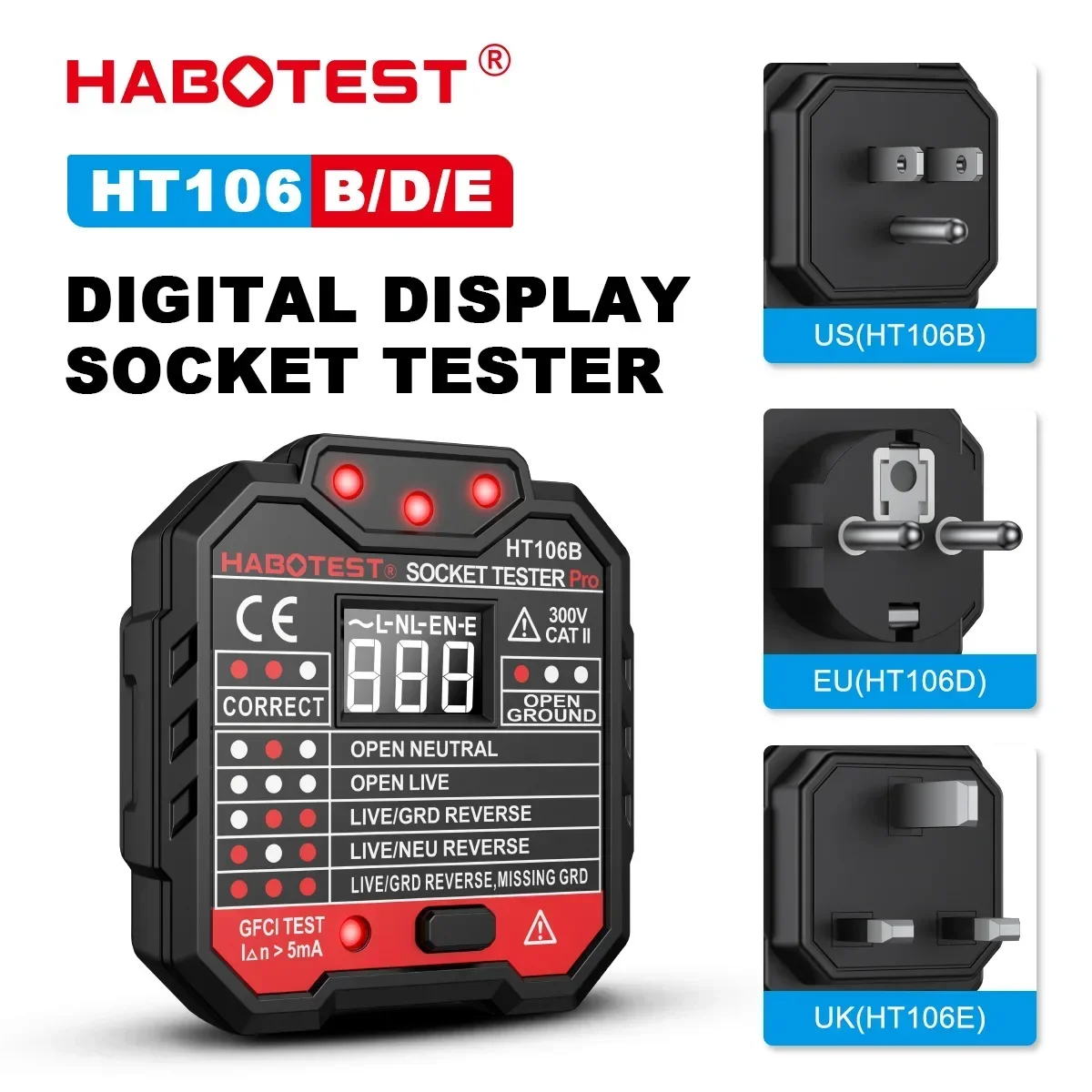 하보테스트 HT107 소켓 테스터 프로 전압 테스트 RCD 30mA 소켓 감지기 영국 EU 플러그 접지 제로 라인 플러그 극성 위상 검사