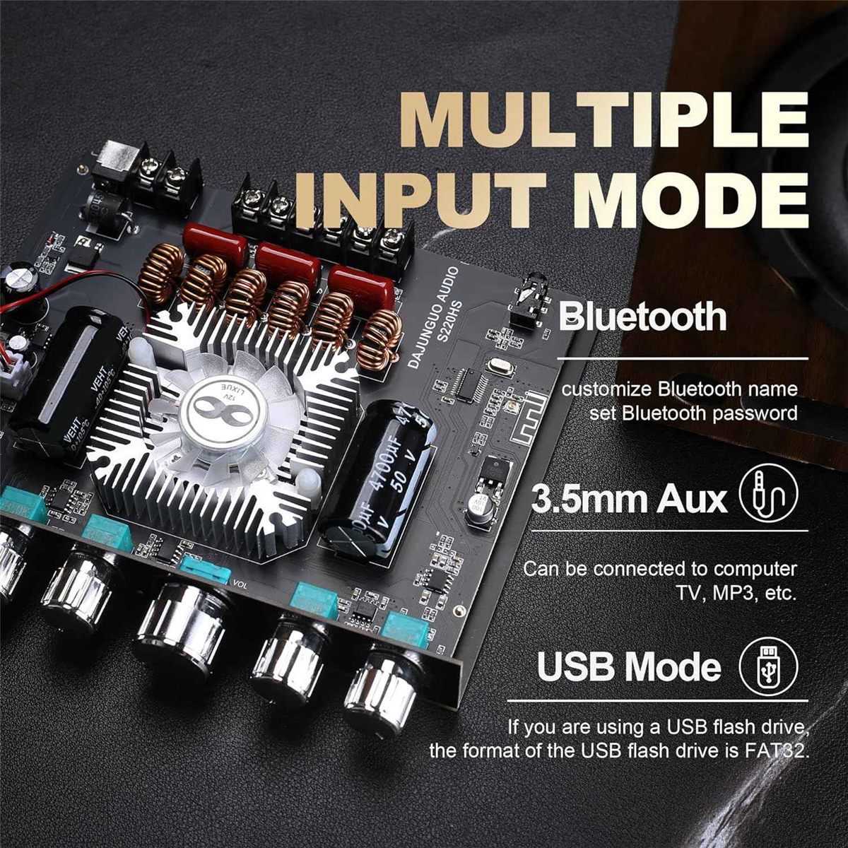 DAJUNGUO S220HS Bluetooth Power Amplifier Board, 2.1 Channel TDA7498E 160Wx2+220W, 12V-38V Audio Power Amplifier Module