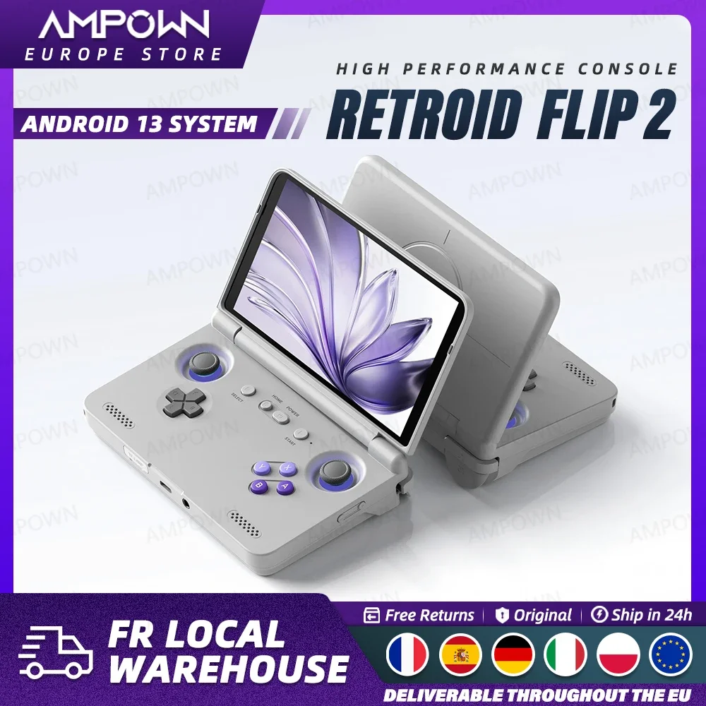 Konsola przenośna Retroid Pocket Flip2 z ekranem AMOLED 5,5'', wyjściem wideo, procesorem MTK Snapdragon, wentylatorami chłodzącymi i szybkim ładowaniem.