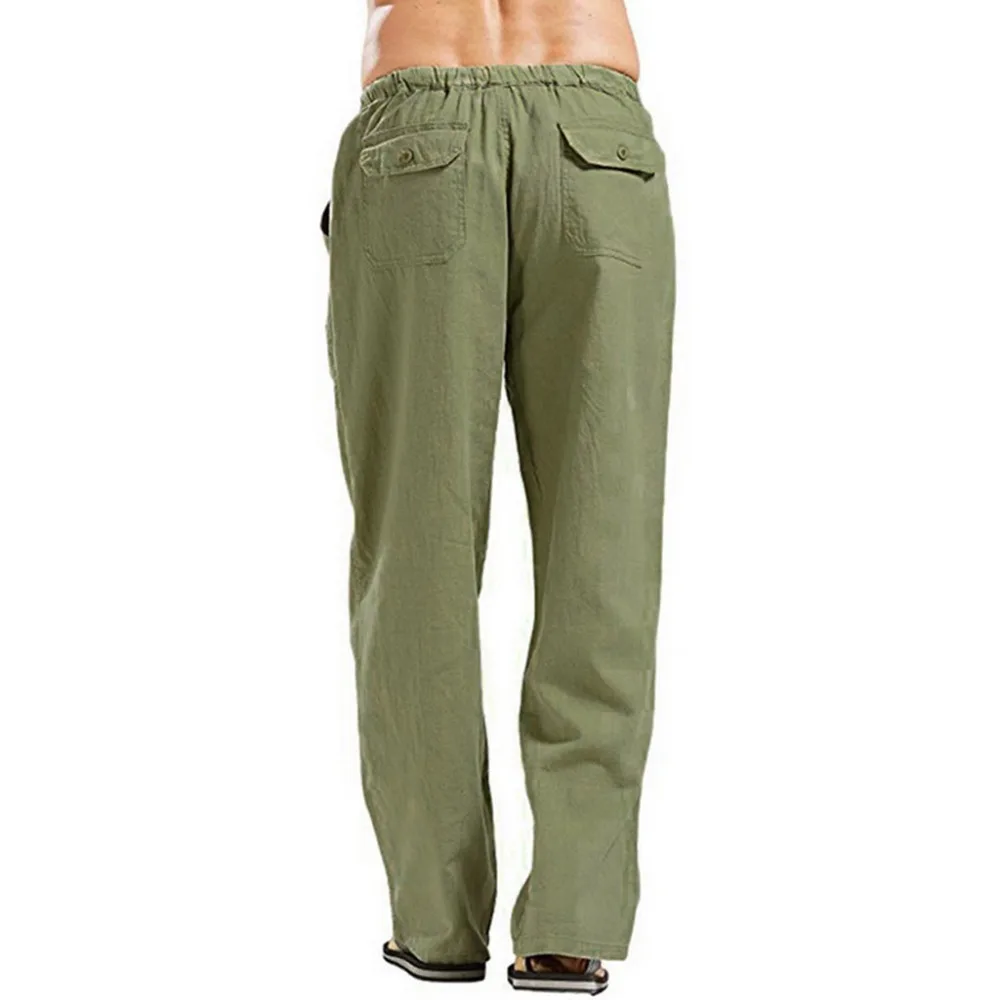 Calça de linho respirável monocromática masculina, calça de algodão casual com elástico na cintura masculina, verão