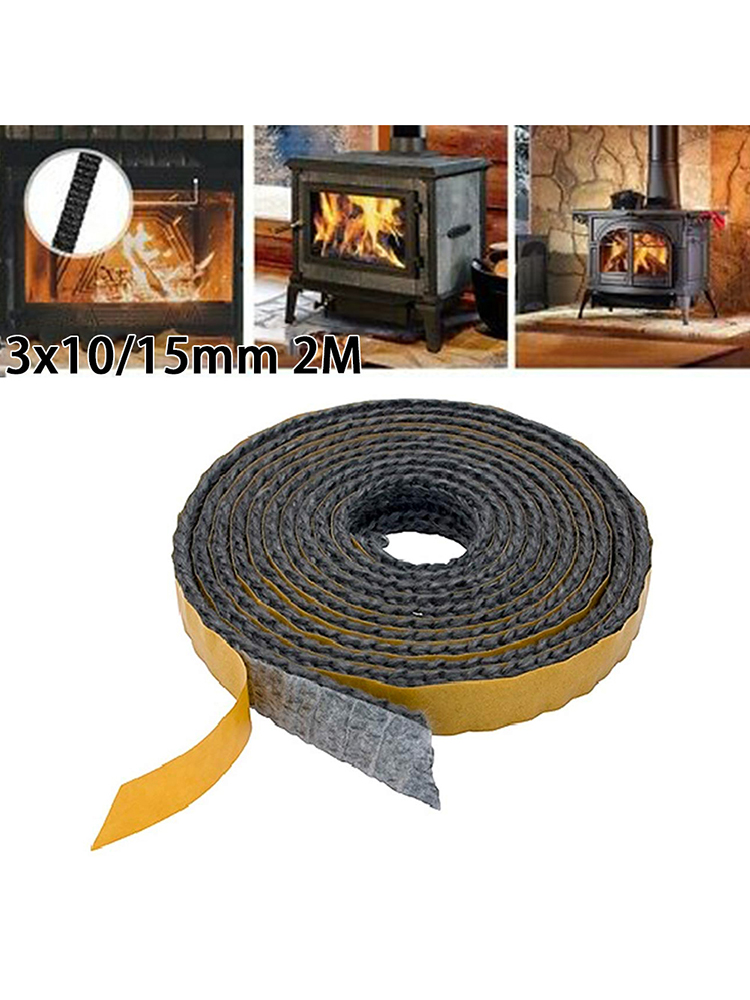 2M สีดำแบนเตาเชือก Self Adhesive Glass Chimney ประตูเตาผิงเตาเทปซีลปะเก็นทดแทนสายไฟ15X2มม.