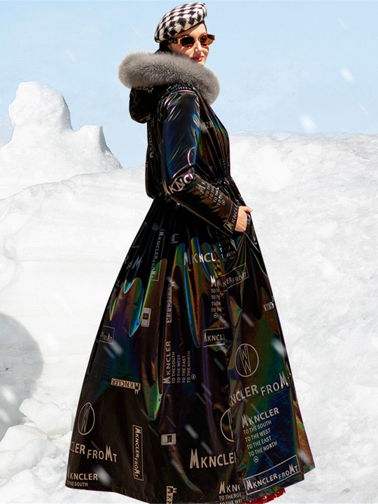 コートリアルフォックスファーコートフィット30 ℃ 130センチメートルスーパーロングの女性のダックダウンコート冬光沢のある暖かいふわふわダウンパーカー防水コートwy510