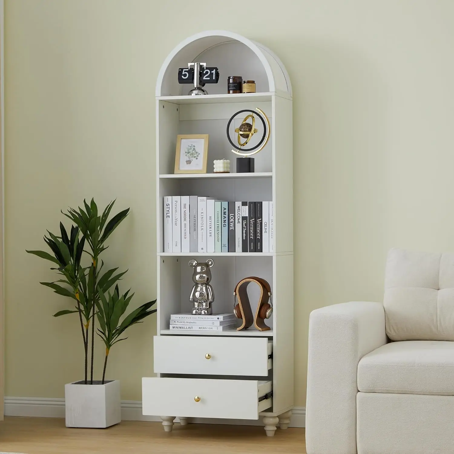 75.59" Tall Bookcase, 4 Tier Arched Bookshelf with 2 Drawers, Modern Book Display Storage Cabinet for Living Room, Bedroom