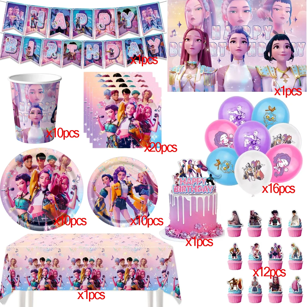 Kpop Demon Hunters Tema Set di stoviglie usa e getta Articoli per feste Huntrix Saga Ragazzi Topping per torte Appeso Decorazione per feste in stoffa