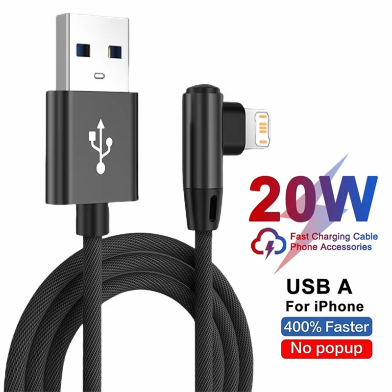 Right Angle Fast Charging USB Cable For iPhone 11 12 13 Pro XS Max X XR 6 6S 7 8 14 Plus Braided Wire Elbow Data Cable 1m 2m 3m