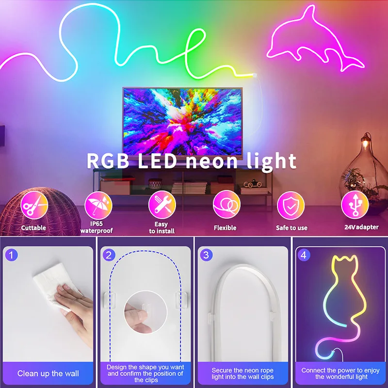TUYA Neon LED Strisce luminose 5V 84LED/M Silicone Neon Corda Luce con Alexa Wifi APP Controllo Sincronizzazione musicale RGB Strip Tape per camera