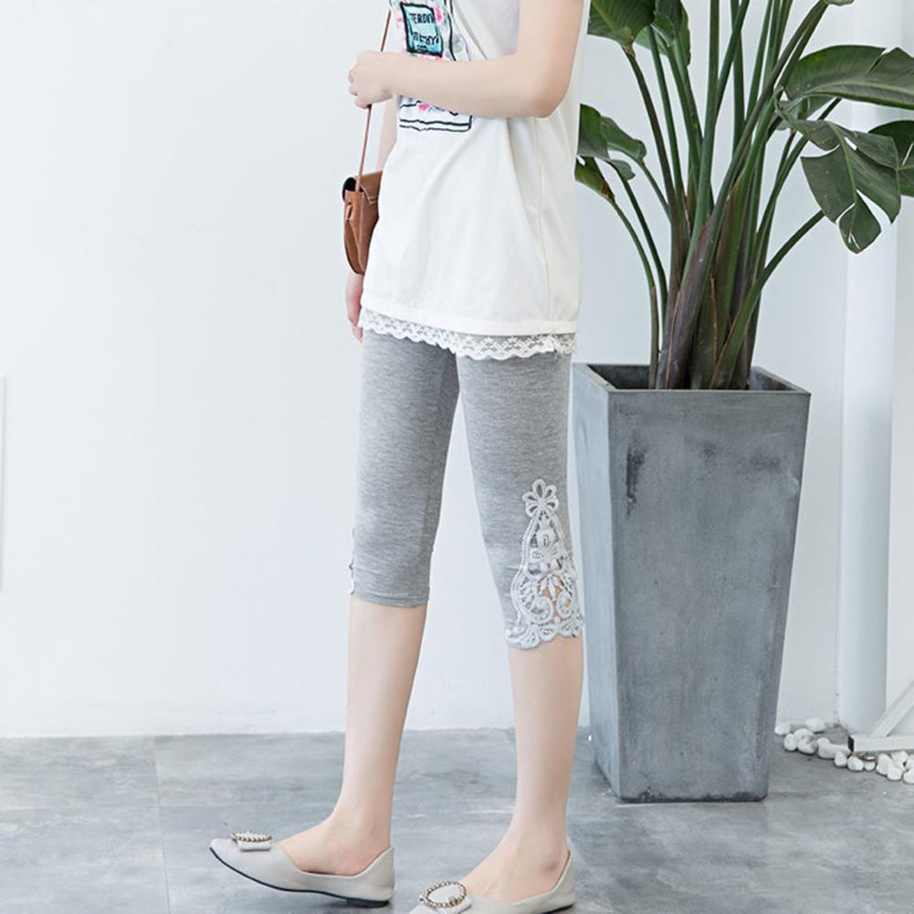 Leggings recortadas femininas cintura elástica bordado renda costura verão elástico calças cortadas finas calças justas rsi